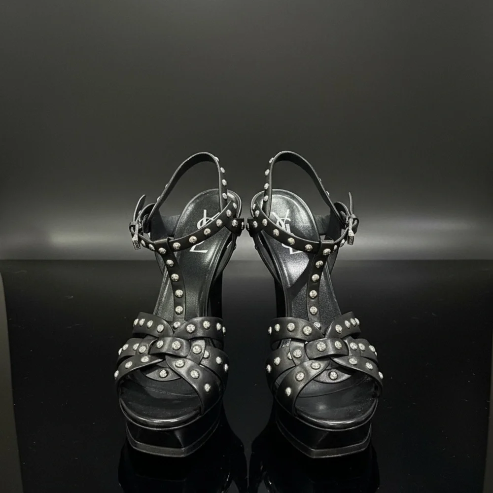 Saint Laurent TRIBUTE SILVER STUDDED Sandals RARE/ EUC - Picture 1 of 14
